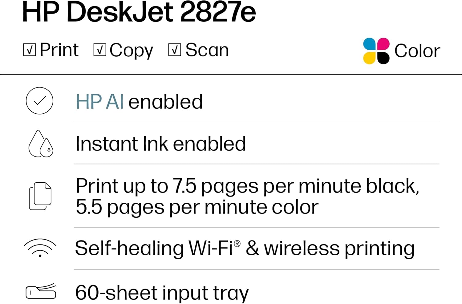 HP DeskJet 2827e Wireless All-in-One Color Printer, Instant Ink; Copier, Scanner all product image