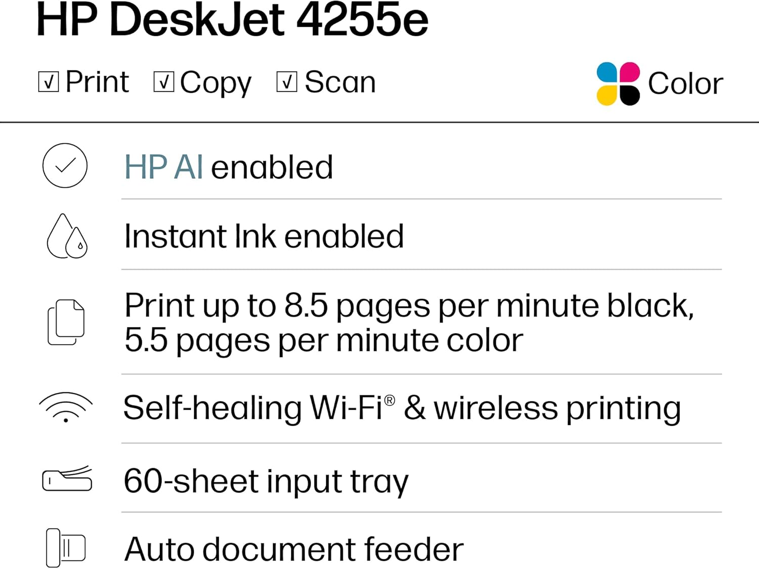 HP DeskJet 4255e All-in-One Printer with 3 Months of Instant Ink for free with HP+, AI-enabled all product image